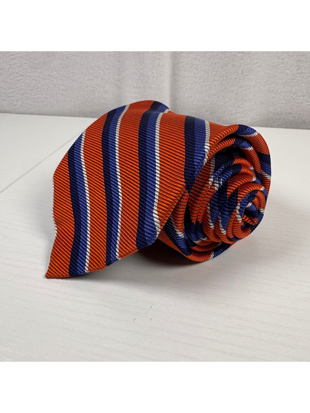 Brooks Brothers Makers Mens Silk Tie Orange Blue Regimental Repp Stripe USA 58"
